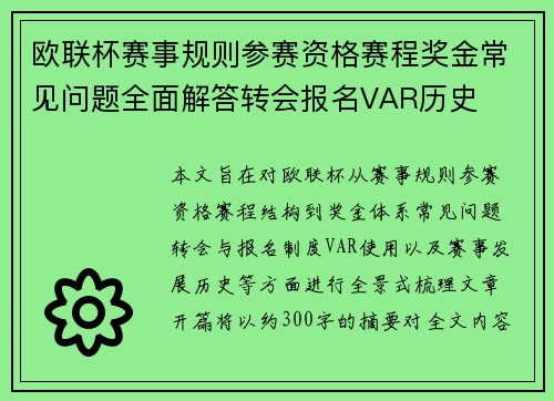 欧联杯赛事规则参赛资格赛程奖金常见问题全面解答转会报名VAR历史