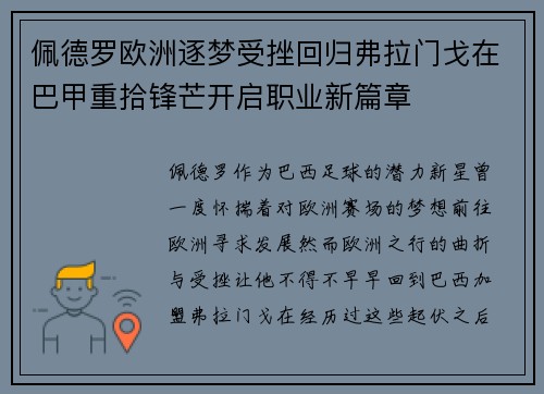 佩德罗欧洲逐梦受挫回归弗拉门戈在巴甲重拾锋芒开启职业新篇章
