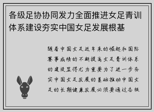 各级足协协同发力全面推进女足青训体系建设夯实中国女足发展根基